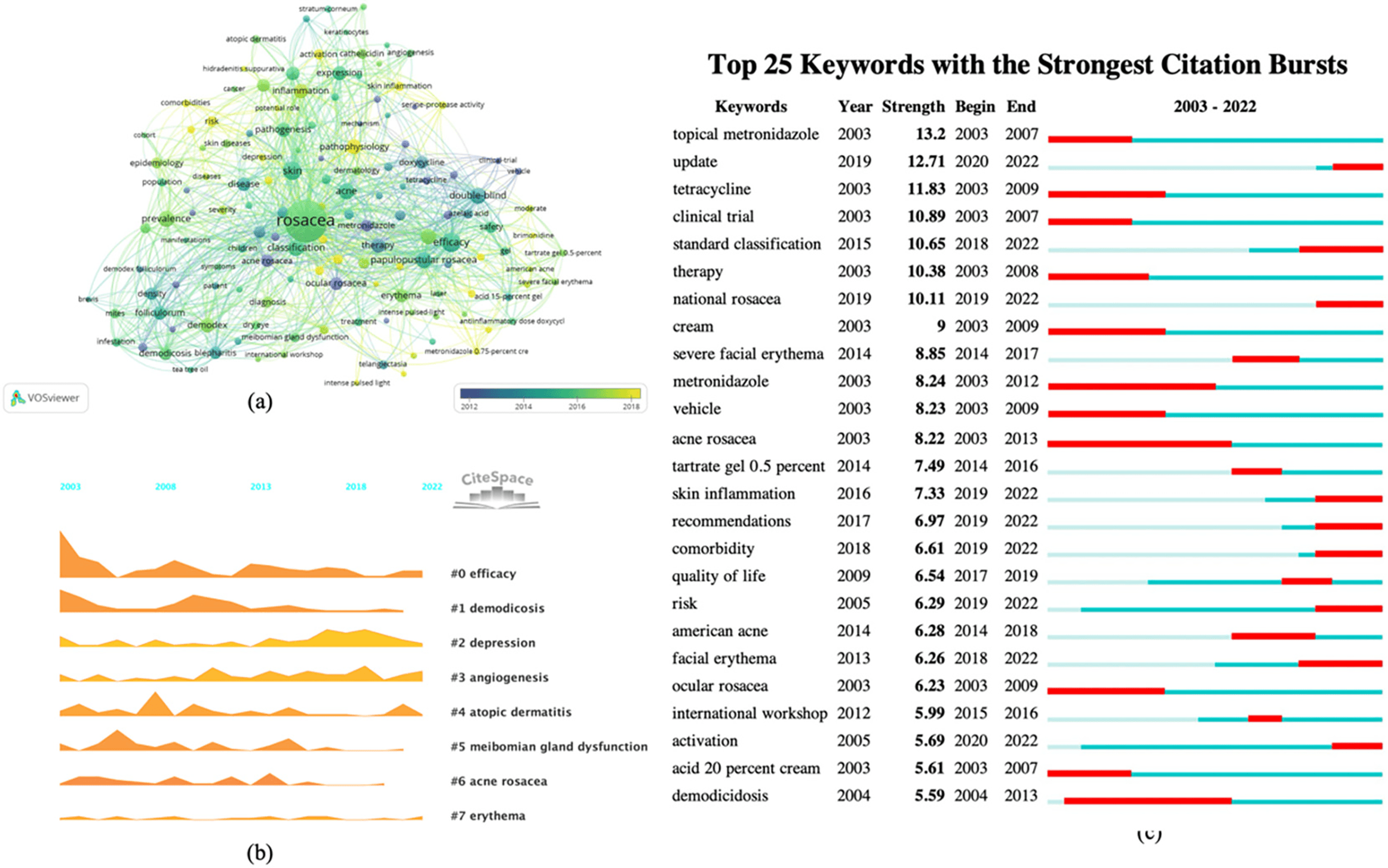 Figure 3. Research hotspots in rosacea-related studies. (a) Keywords (VOSviewer); (b) clusters of keywords (CiteSpace); and (c) top 25 keywords with the strongest citation bursts (CiteSpace).