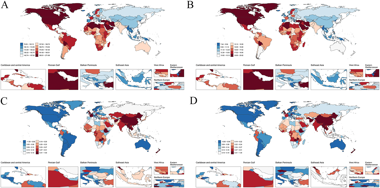 Figure 2. Map of HF burden aged 15–44 years and AAPCs, 1990–2021. (A) ASPR in 2021; (B) ASYR in 2021; (C) AAPCs in ASPR; (D) AAPCs in ASYR. AAPC = average annual percentage changes; ASPR = age-standardized prevalence rate; ASYR = age-standardized years lived with disability rate; HF = heart failure.