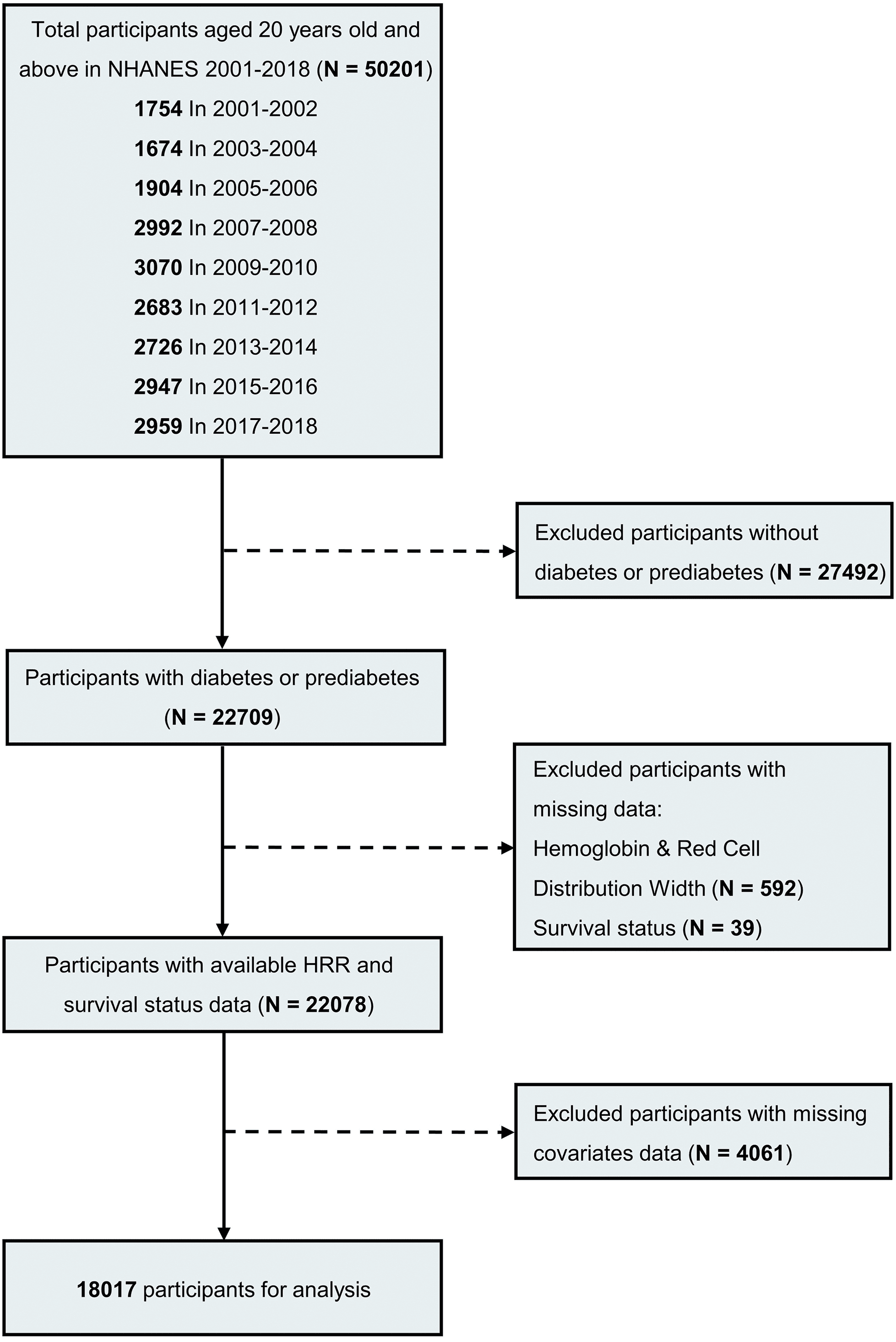 Figure 1. Flowchart of the study participants in NHANES from 2001 to 2018. NHANES, National Health and Nutrition Examination Survey; HRR, hemoglobin-to-red blood cell distribution width ratio.